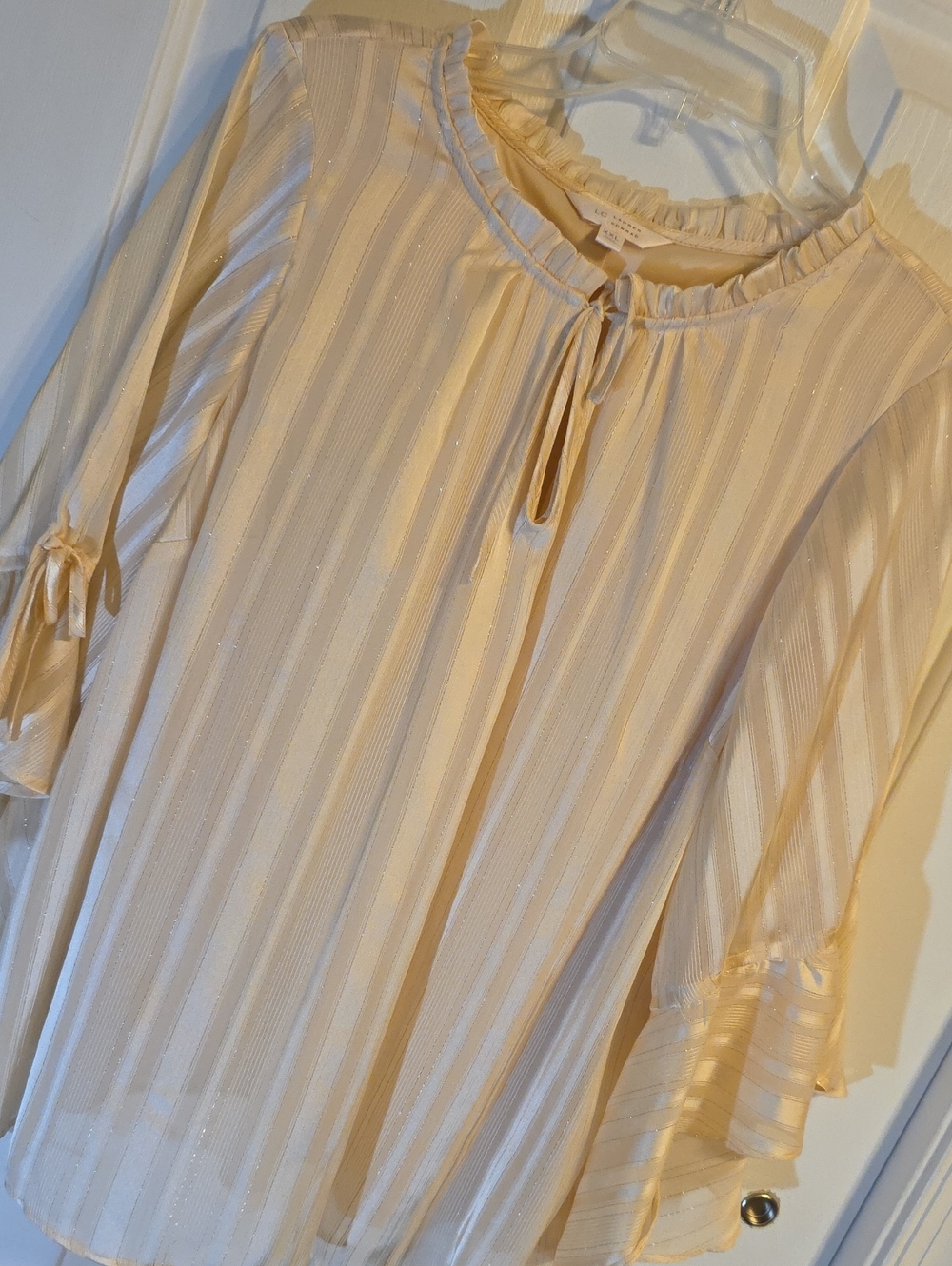 LC Lauren Conrad Cream Striped Ruffle-Neck Peasant Top